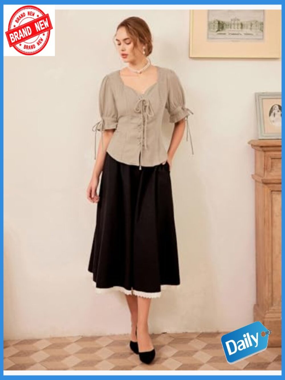 Plus Size Lace-Up Renaissance Blouse Puff Sleeve Peasant Top - Picture 6 of 7